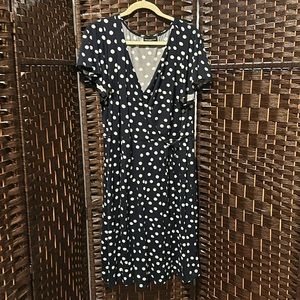 Navy blue and white polkadot wrap dress